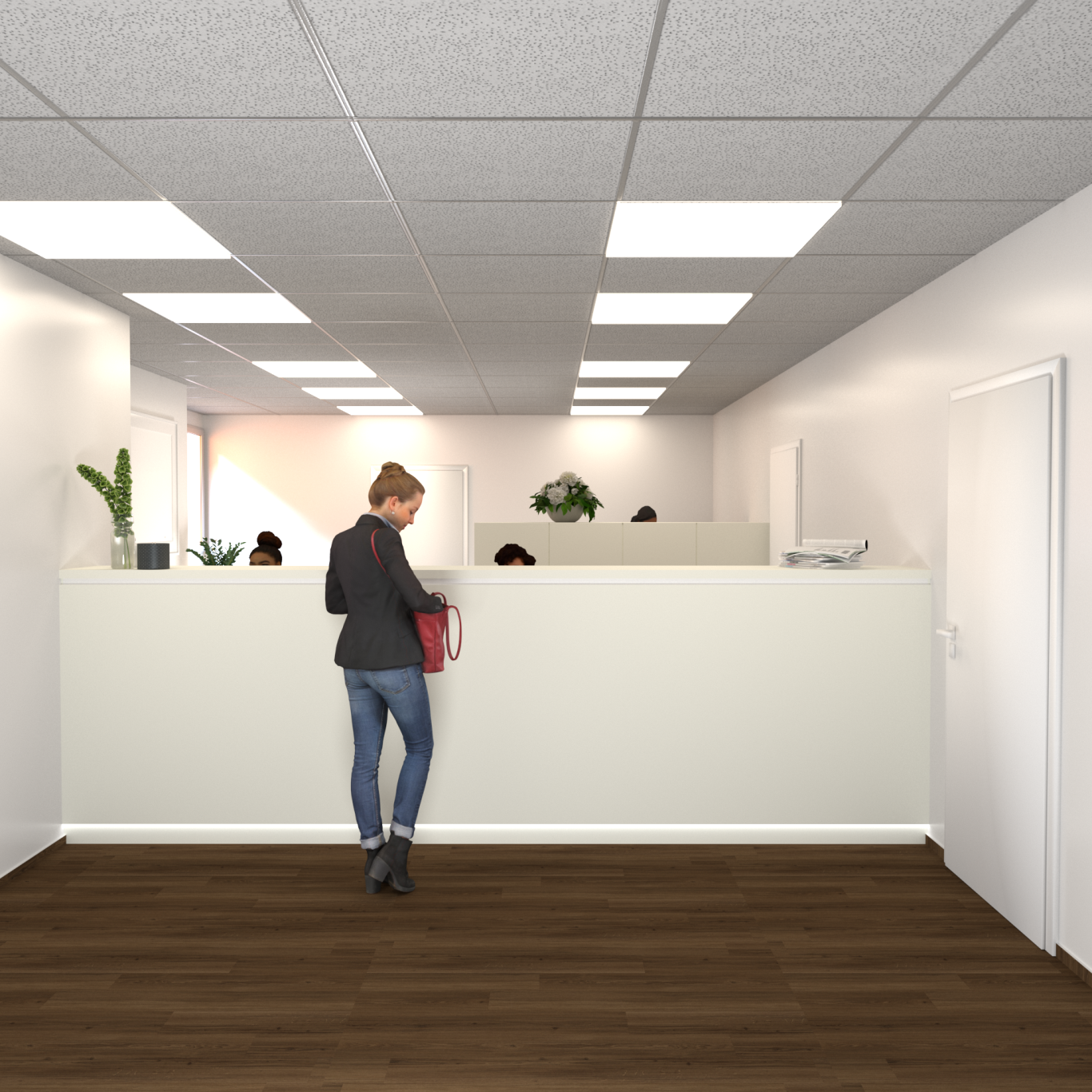Moderne Empfangshalle mit einer Person und einem Empfangstresen im Hintergrund.